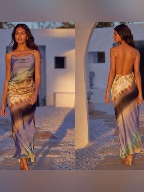 MISA Los Angeles Abstract Satin Slip Maxi Dress Open Back Purple s
